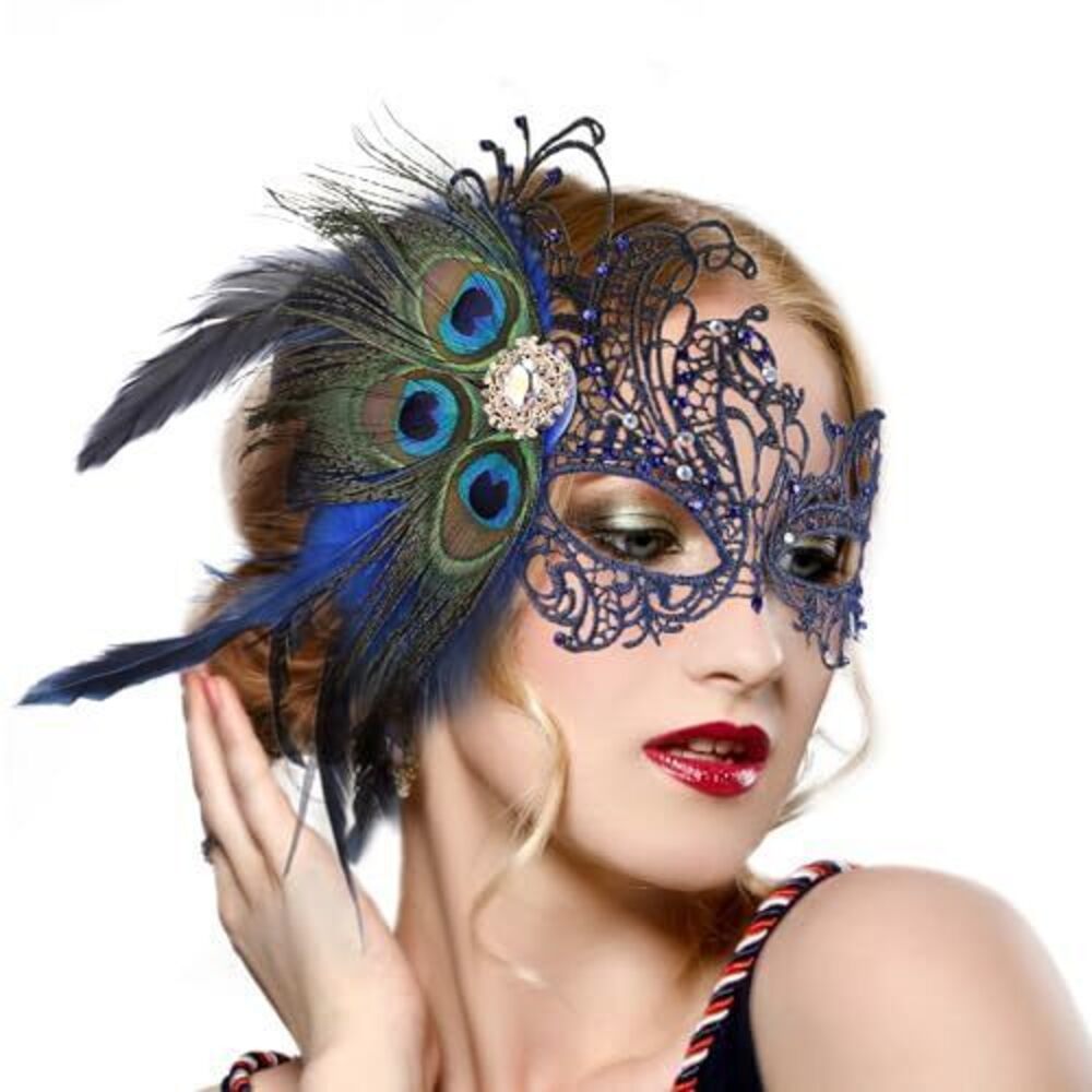7432 Blue Masquerade Masks - Handmade 1920s Vintage Peacock Feather Mask